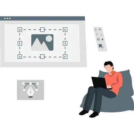 Man sitting on couch working on laptop  Illustration