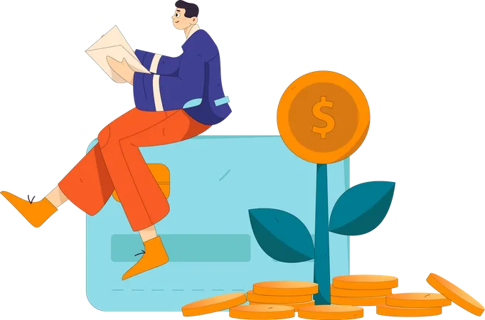 Man sitting on debit card while getting money growth  Illustration