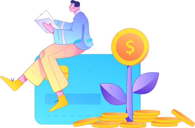 Man sitting on debit card while getting money growth  Illustration