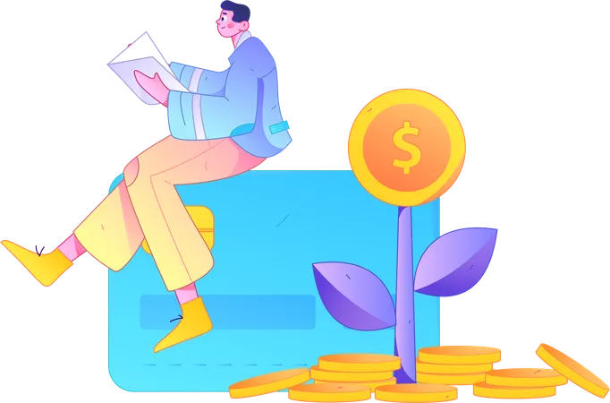 Man sitting on debit card while getting money growth  Illustration