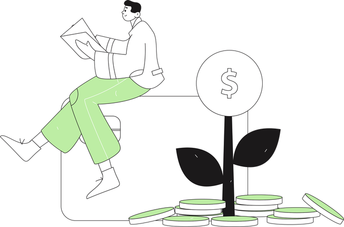Man sitting on debit card while getting money growth  Illustration