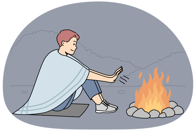 Man sitting on ground in nature warm hands at campfire at night  Illustration