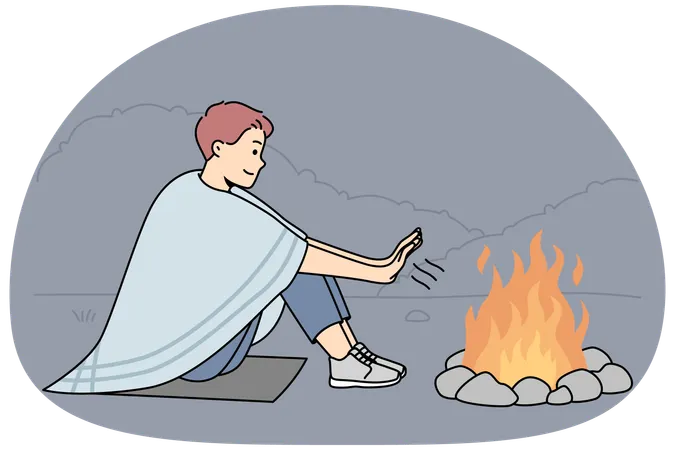 Man sitting on ground in nature warm hands at campfire at night  Illustration