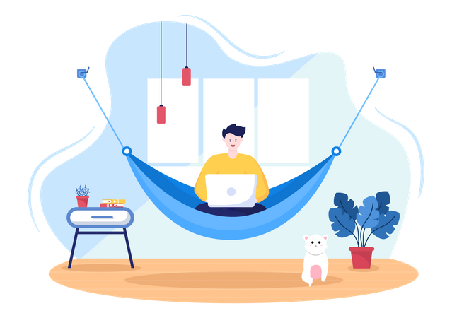 Man sitting on hammock and working from home  Illustration