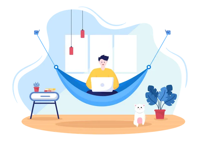 Man sitting on hammock and working from home  Illustration