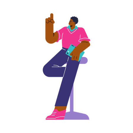 Man sitting on high chair giving presenting pose while explaining something  Illustration