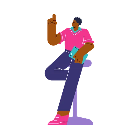 Man sitting on high chair giving presenting pose while explaining something  Illustration