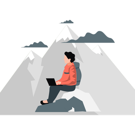 Man sitting on hills and using laptop in outdoor  Illustration