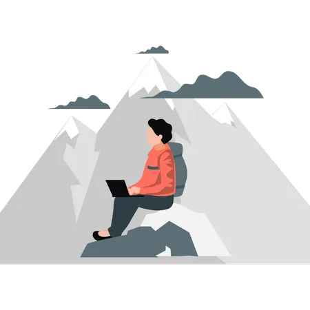 Man sitting on hills and using laptop in outdoor  Illustration