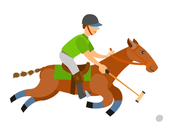 Man On Horse Holding Stick Hitting Ball On Speed Isolated Vector Polo Player Equine Sports On Stallion English Horseback Mounted Team Sport Cartoon Style Illustration