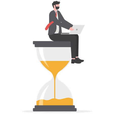 Man sitting on hourglass and working on her laptop  Illustration