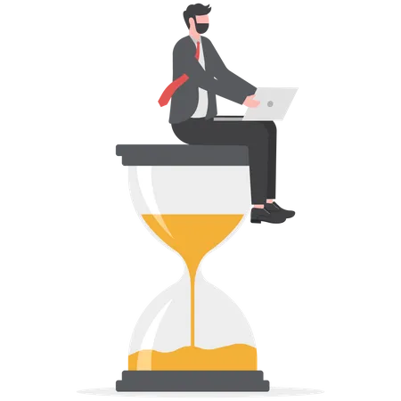 Man sitting on hourglass and working on her laptop  Illustration