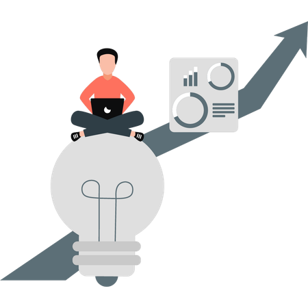 Man sitting on idea bulb while getting business growth  Illustration