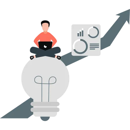 Man sitting on idea bulb while getting business growth  Illustration