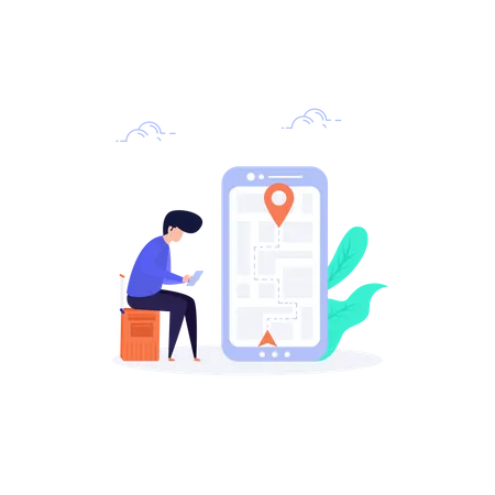 Man sitting on luggage bag and finding Location in map Illustration
