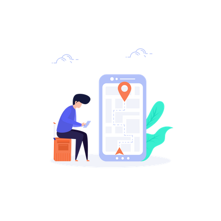 Man sitting on luggage bag and finding Location in map  Illustration