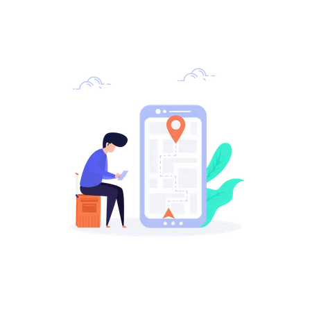 Man sitting on luggage bag and finding Location in map  Illustration