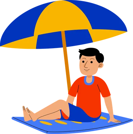 Man Sitting on Mat at Beach  Illustration