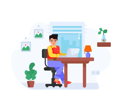 Man sitting on office chair and working from home  イラスト