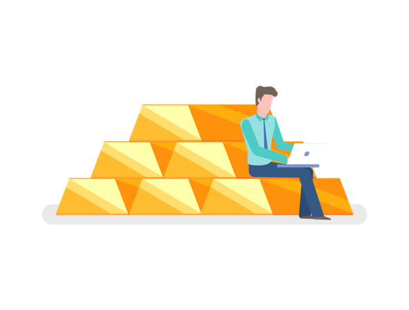 Man Sitting on Pile of Gold and Typing on Notebook  Illustration