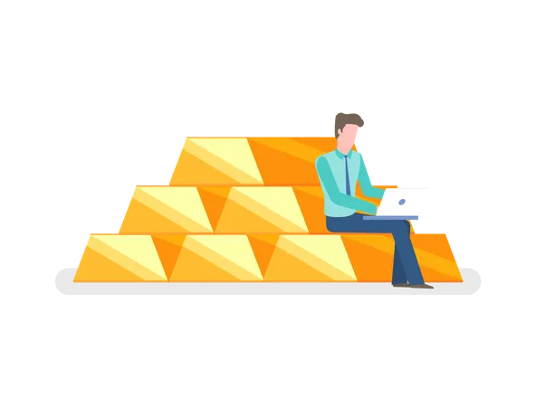 Man Sitting On Pile Of Gold And Typing On Notebook Vector Male On Golden Bar Isolated Cartoon Investor Or Financial Analyst Working With Laptop Invest Illustration