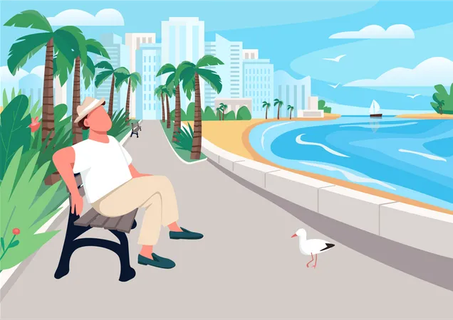Man Sitting On Seafront Street Bench Flat Color Vector Illustration Summer Recreation Tourist Relaxing Enjoying Waterfront View Holidaymaker 2 D Cartoon Character With City On Background Illustration