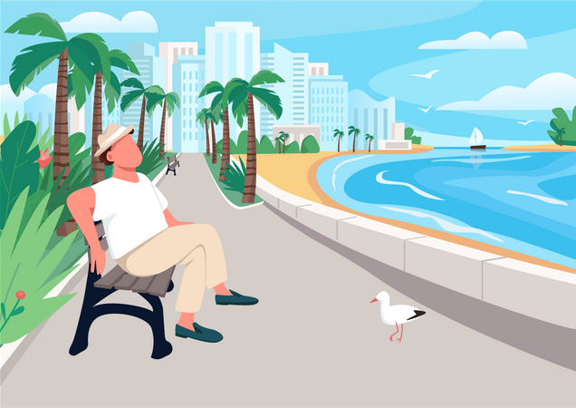 Man sitting on seafront street bench  Illustration