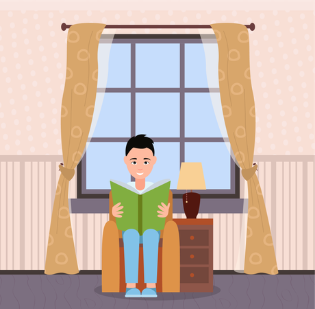 Man sitting on sofa and reading book  Illustration