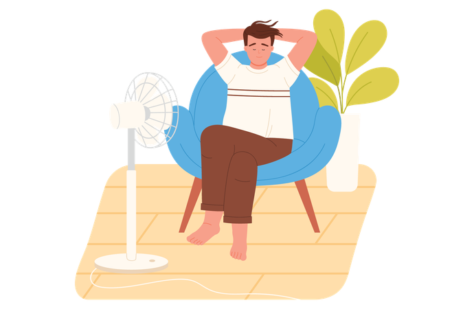 Man sitting on sofa front of fan  Illustration