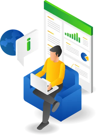 Man sitting on sofa looking for data analysis information  Illustration