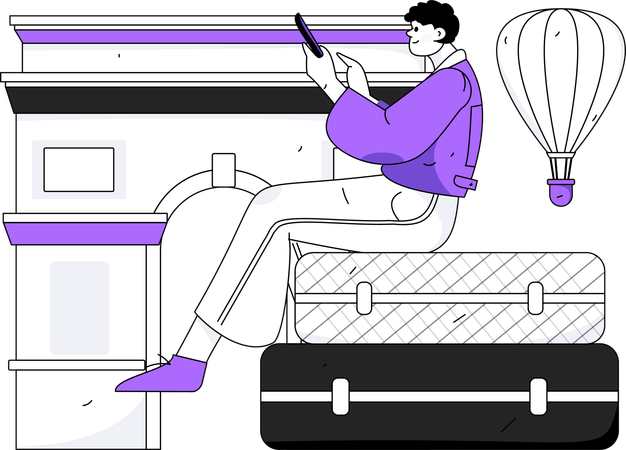 Man sitting on suitcase while holding mobile  Illustration