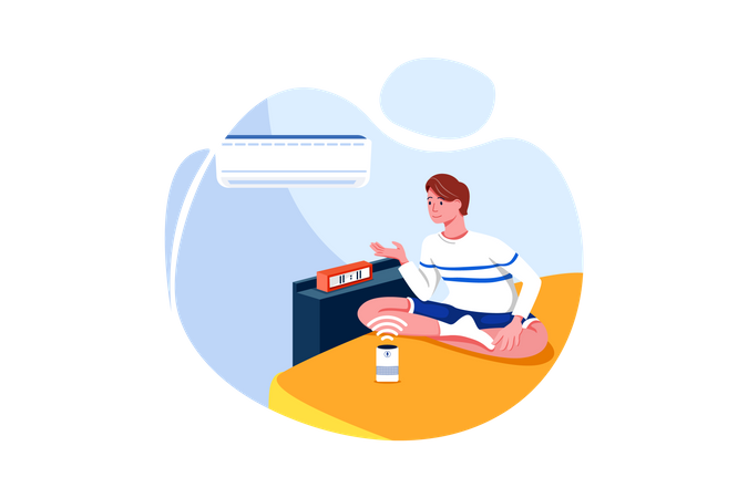 Man sitting on the bed using the Air conditioner and clock-controlled by speaker voice recognition in smart home concept  Illustration
