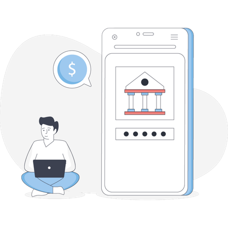 Man sitting on the floor with a laptop next to a bank account icon suggesting online banking or financial management  Illustration