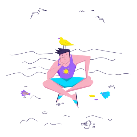 Man sitting on the sand on beach Illustration