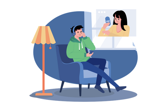 Man Sitting On The Sofa And Listening To The Podcast  Illustration