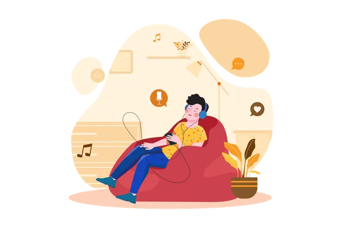 Man sitting on the sofa and listening to the podcast  Illustration