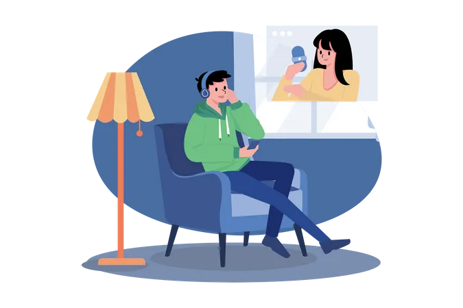 Man Sitting On The Sofa And Listening To The Podcast  Illustration