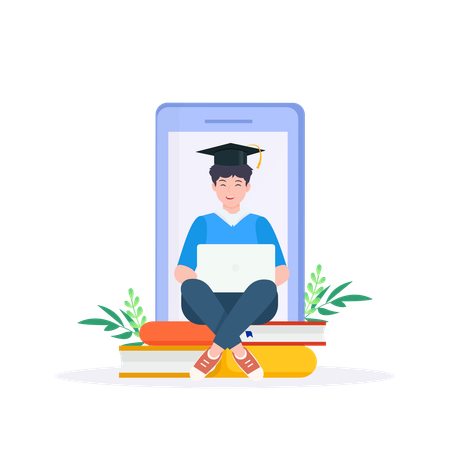 Man Sitting On Top Of Books And Laptop With Graduation Cap  Illustration