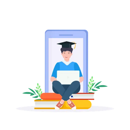Man Sitting On Top Of Books And Laptop With Graduation Cap  Illustration