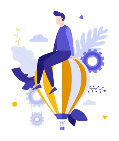 Man Sitting On Top Of Flying Hot Air Balloon Concept Of Airship Or Aircraft Transportation Air Travel Aviation Adventure Tourism And Exploration Flat Cartoon Colorful Vector Illustration Illustration