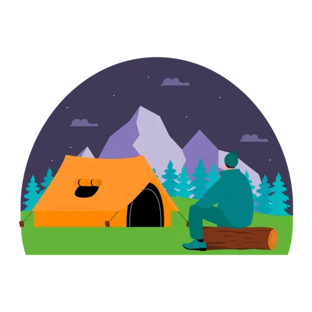 Man sitting on wooden near camping tent Illustration