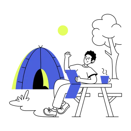 An Outline Illustration Of Guy Camping Illustration