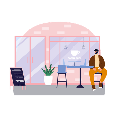 Man sitting outside coffee shop Illustration