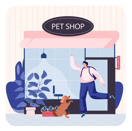 Man sitting outside pet shop  Illustration