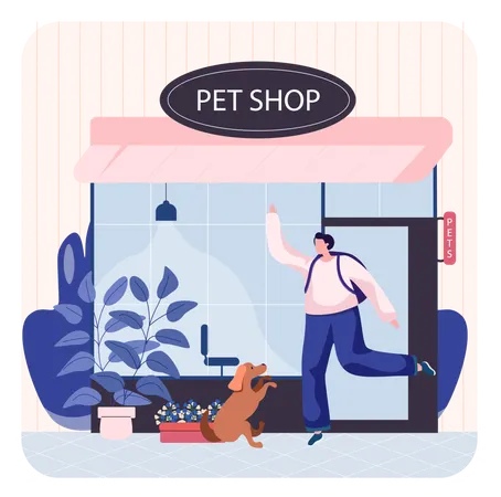 Man sitting outside pet shop  Illustration