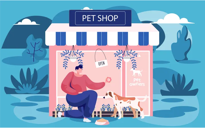 Man sitting outside pet shop  Illustration