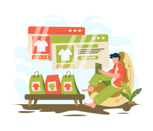 Man sitting relaxed and shopping online using mobile phone  Illustration