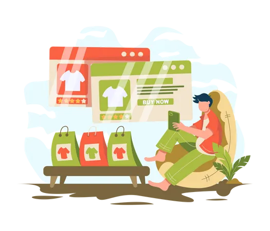 Man sitting relaxed and shopping online using mobile phone  Illustration