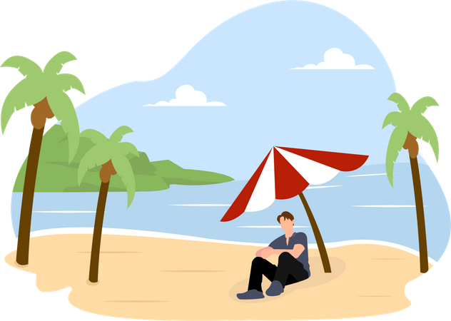 Man sitting under beach umbrella  Illustration