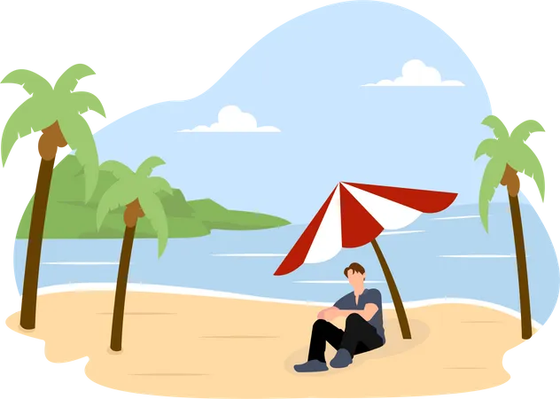 Man sitting under beach umbrella  イラスト